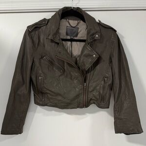 Muubaa Thanatos Cropped Leather Biker Jacket Army Grey Fitted Moto - US 8